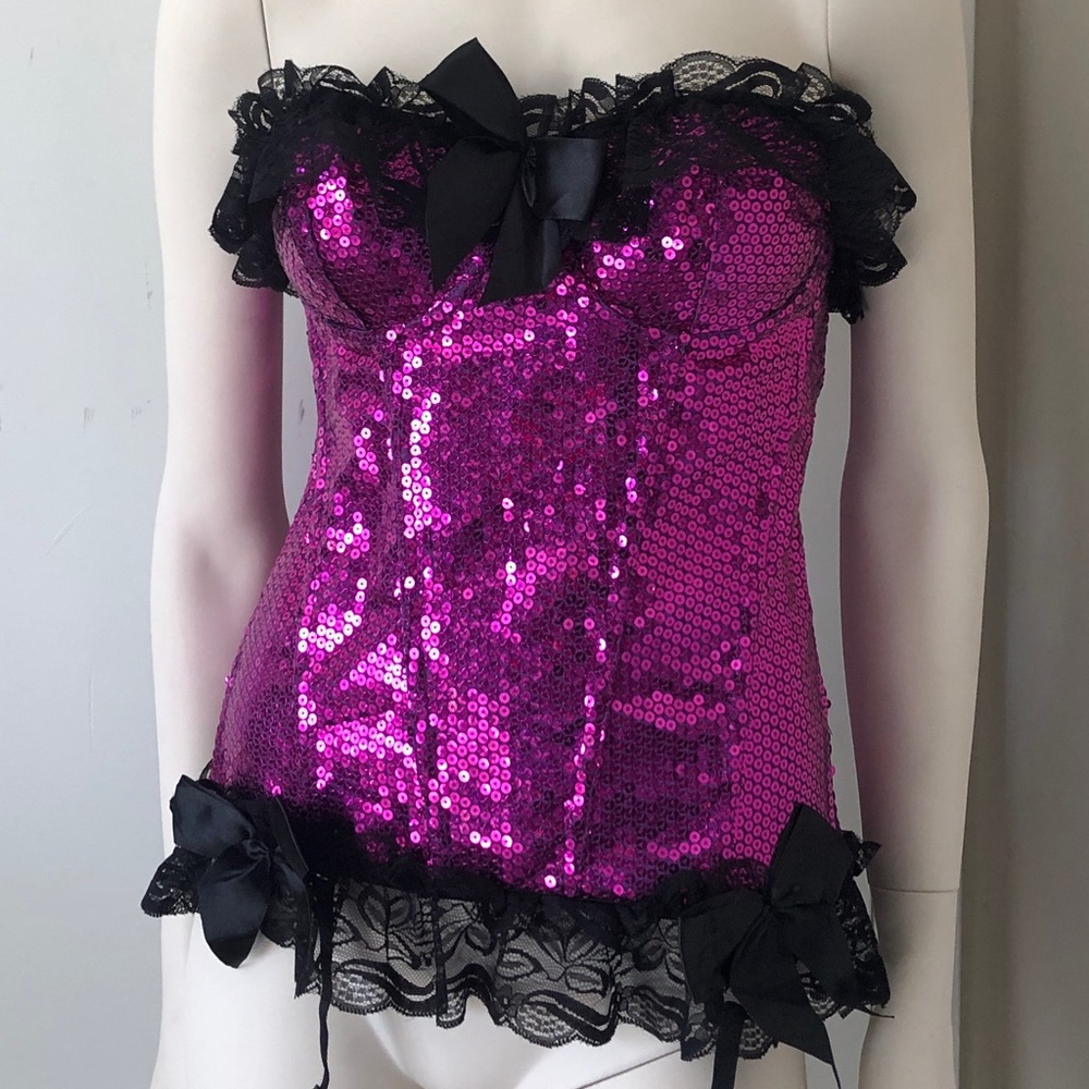 Magenta Sequin Over the Bust Lace Garter Corset